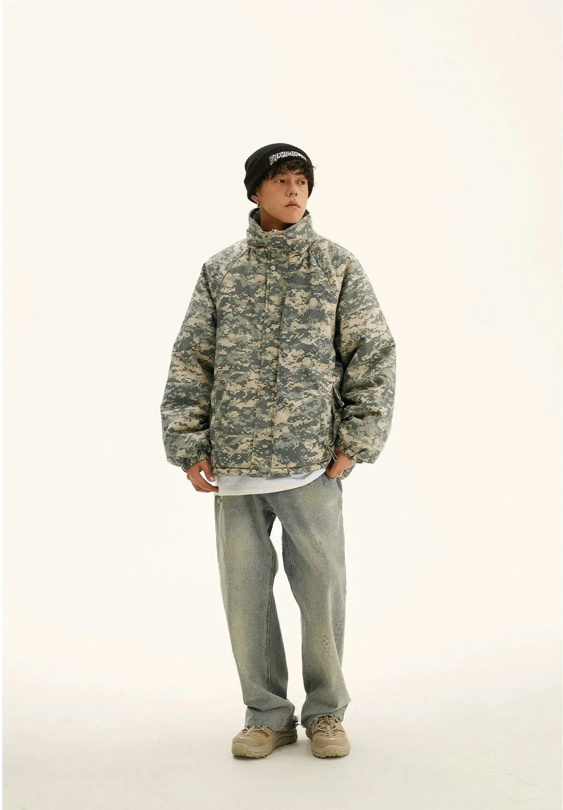 Camo Print Mock-Neck Puffer Jacket