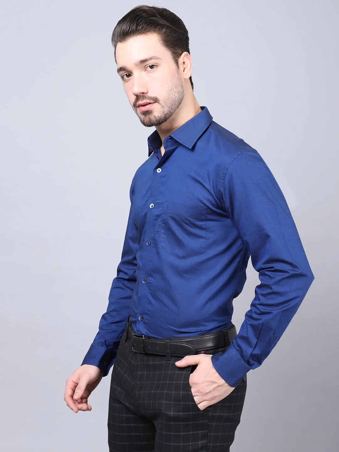 Cantabil Cotton Blend Solid Blue Full Sleeve Regular Fit Formal Shirt for Men with Pocket