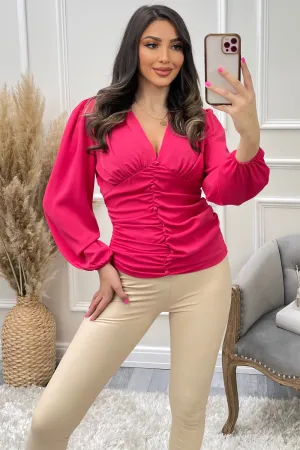 Cassi Pink Shirred Plunge Ruched Detail Blouse