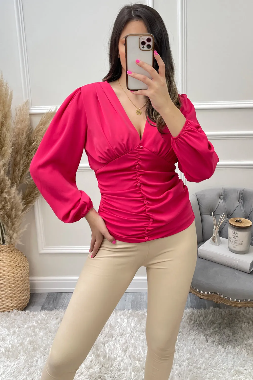 Cassi Pink Shirred Plunge Ruched Detail Blouse