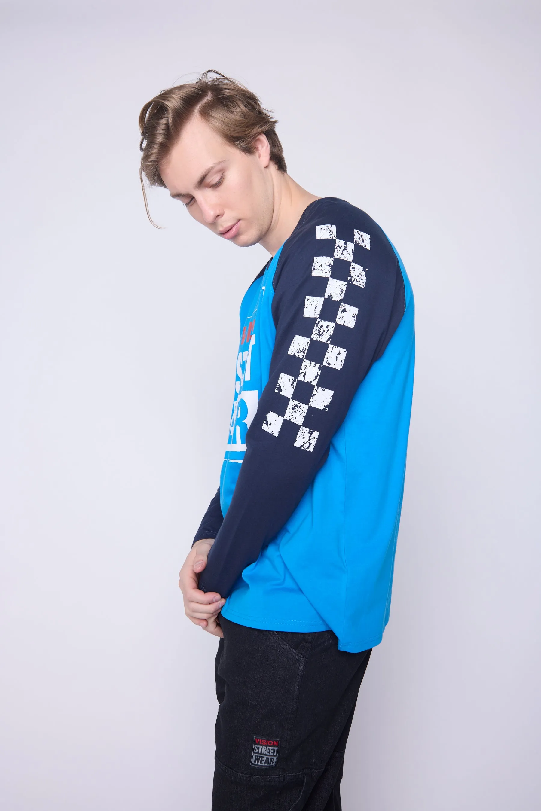 Checker Print Sleeve Logo T-Shirt -Blue Navy