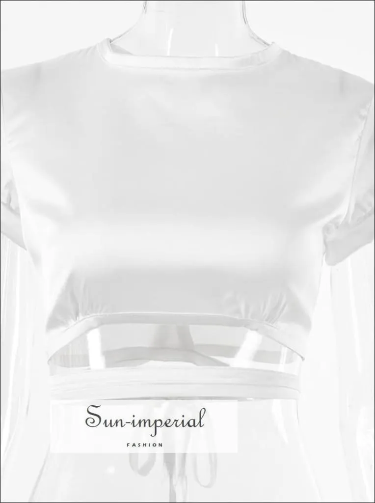 Chelsea top - White Satin Crop top Short Sleeve O Neck Tie back Blouse