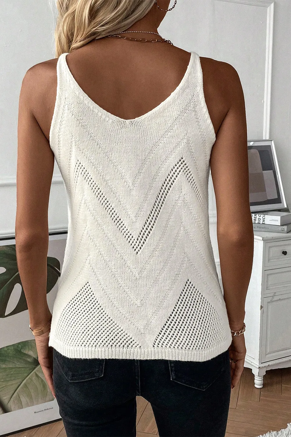 Chevron Pointelle Knit Spaghetti Straps Tank