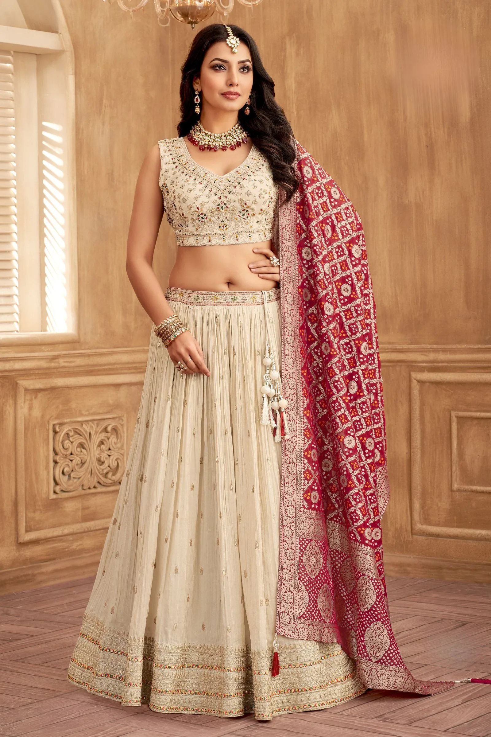 Cream Multicolor Thread, Sequins, Mirror and Beads work Crop Top Lehenga