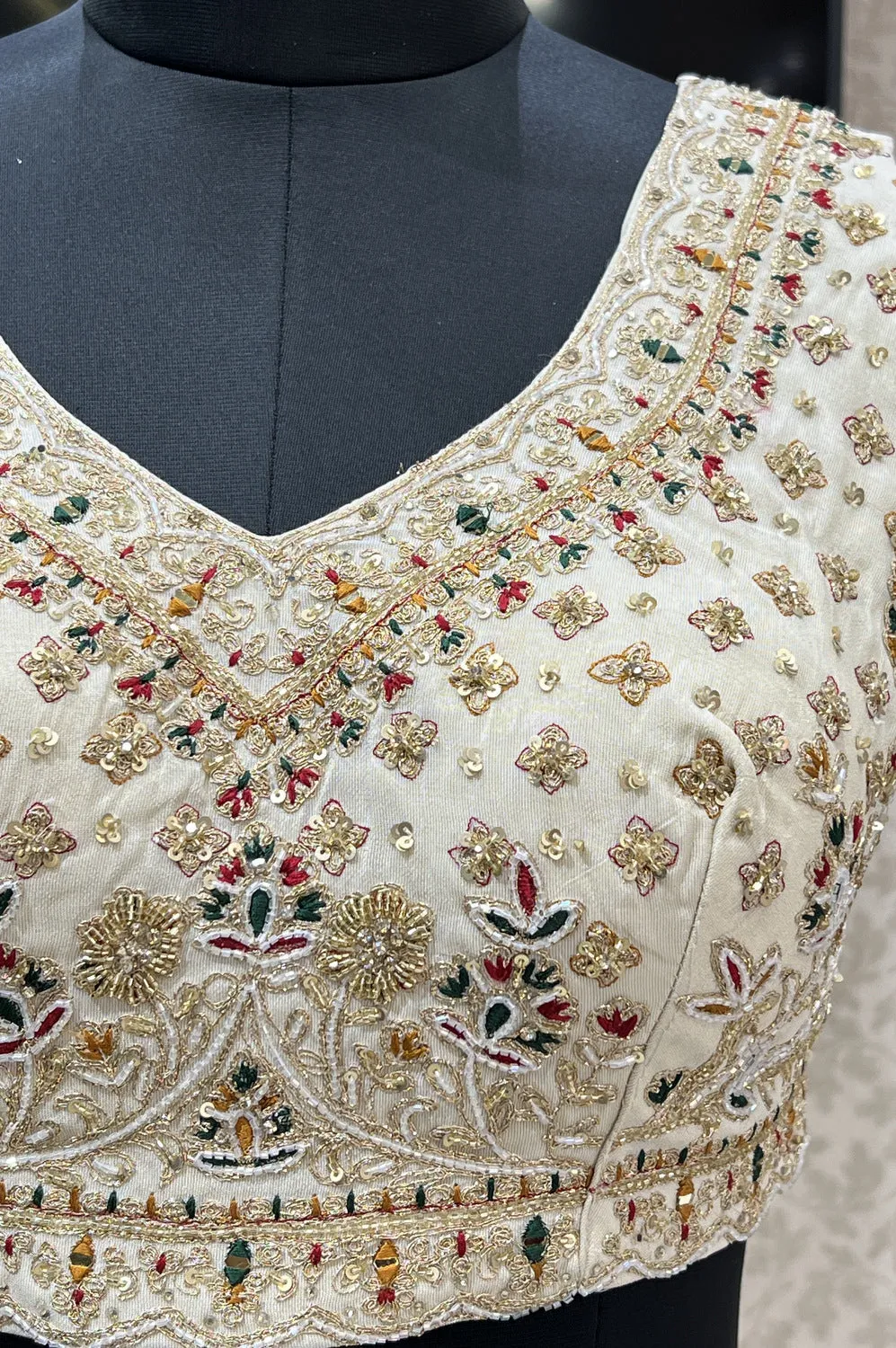 Cream Multicolor Thread, Sequins, Mirror and Beads work Crop Top Lehenga