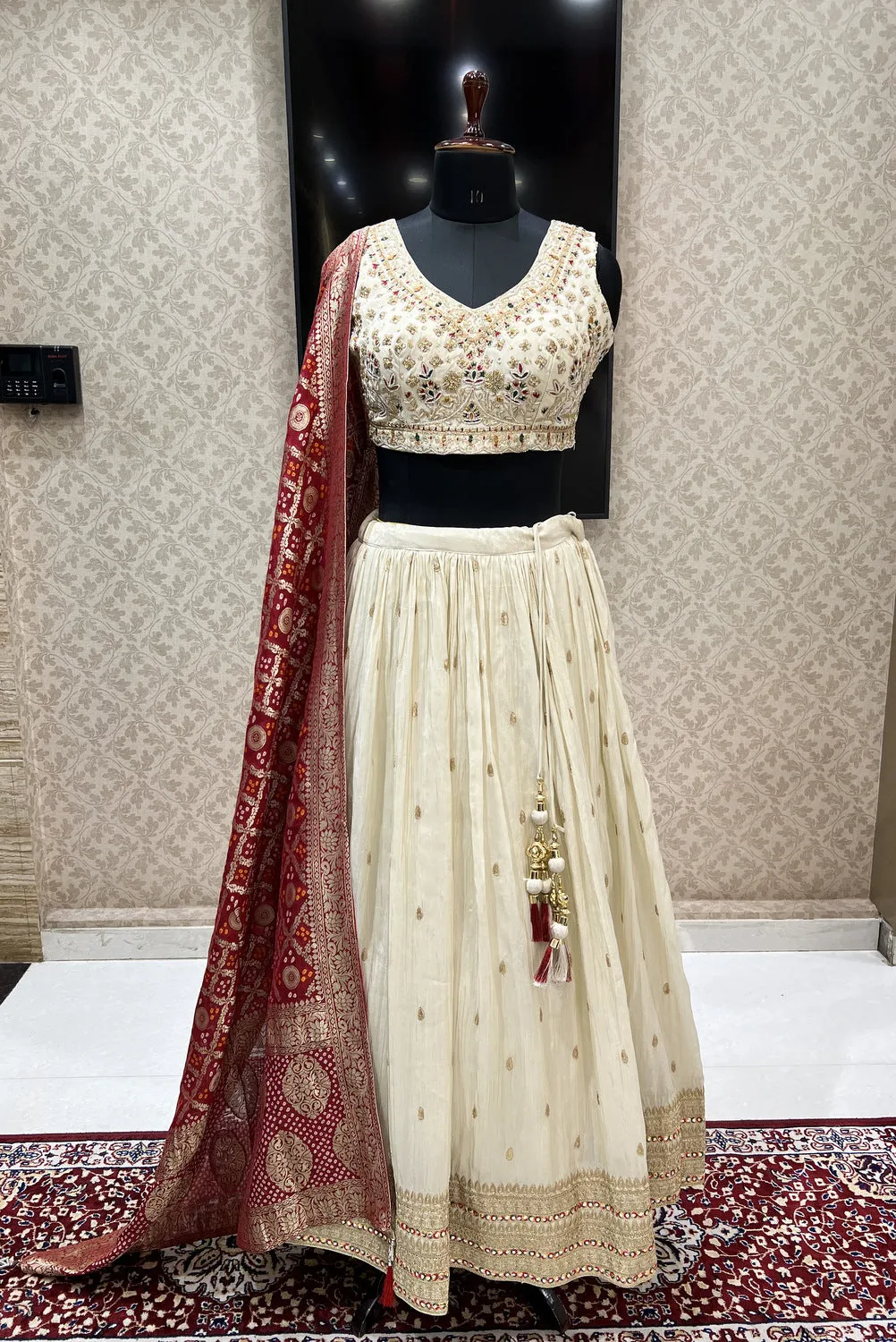 Cream Multicolor Thread, Sequins, Mirror and Beads work Crop Top Lehenga