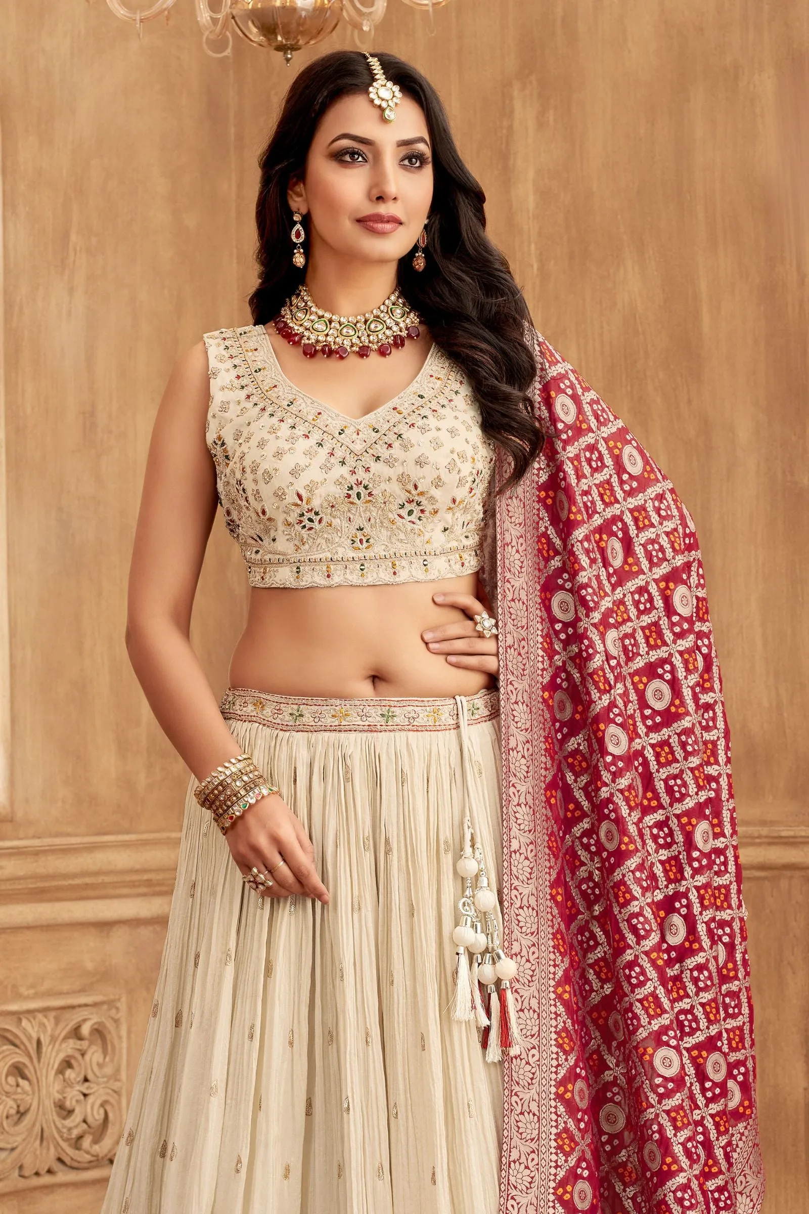 Cream Multicolor Thread, Sequins, Mirror and Beads work Crop Top Lehenga