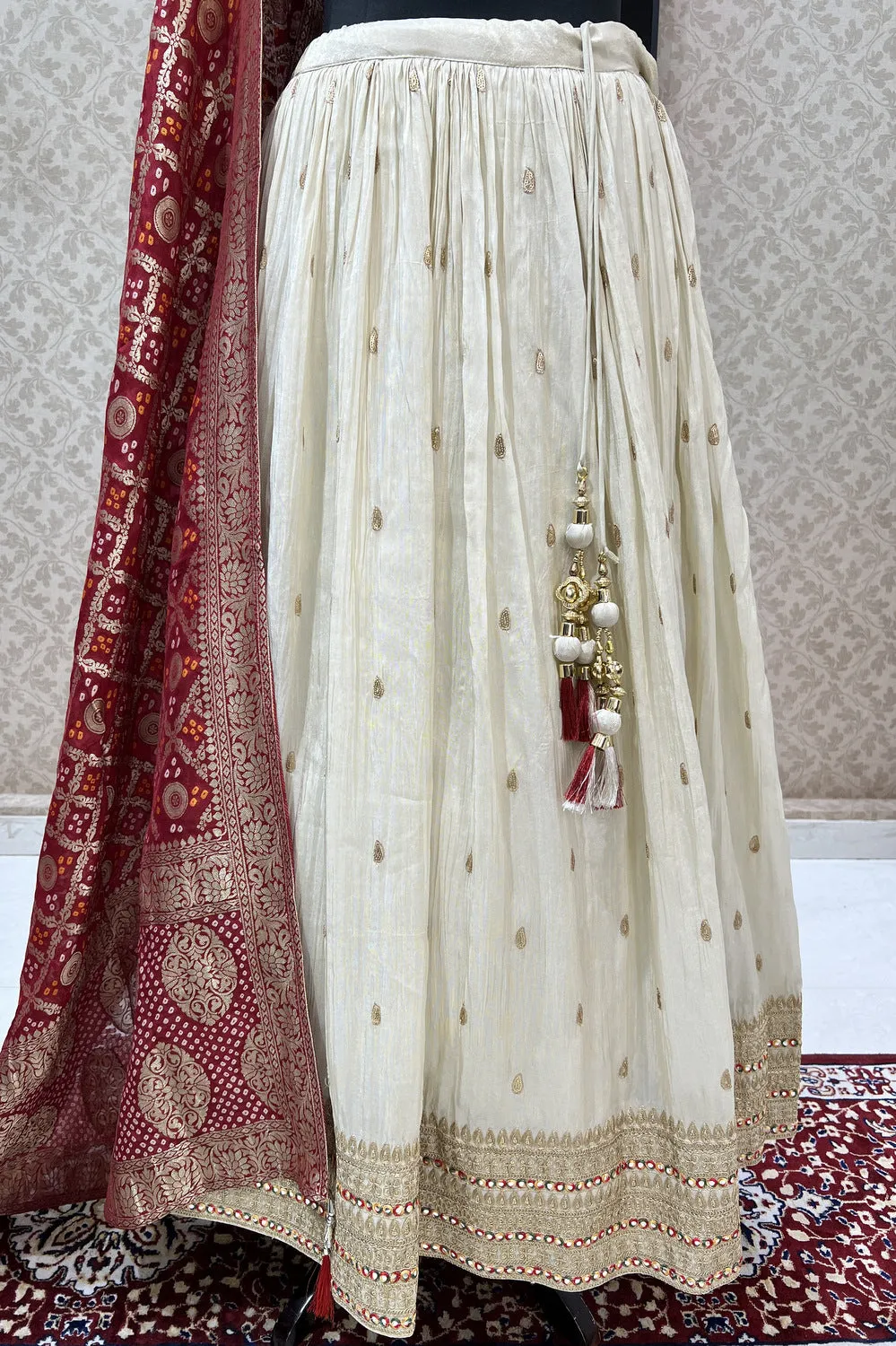 Cream Multicolor Thread, Sequins, Mirror and Beads work Crop Top Lehenga