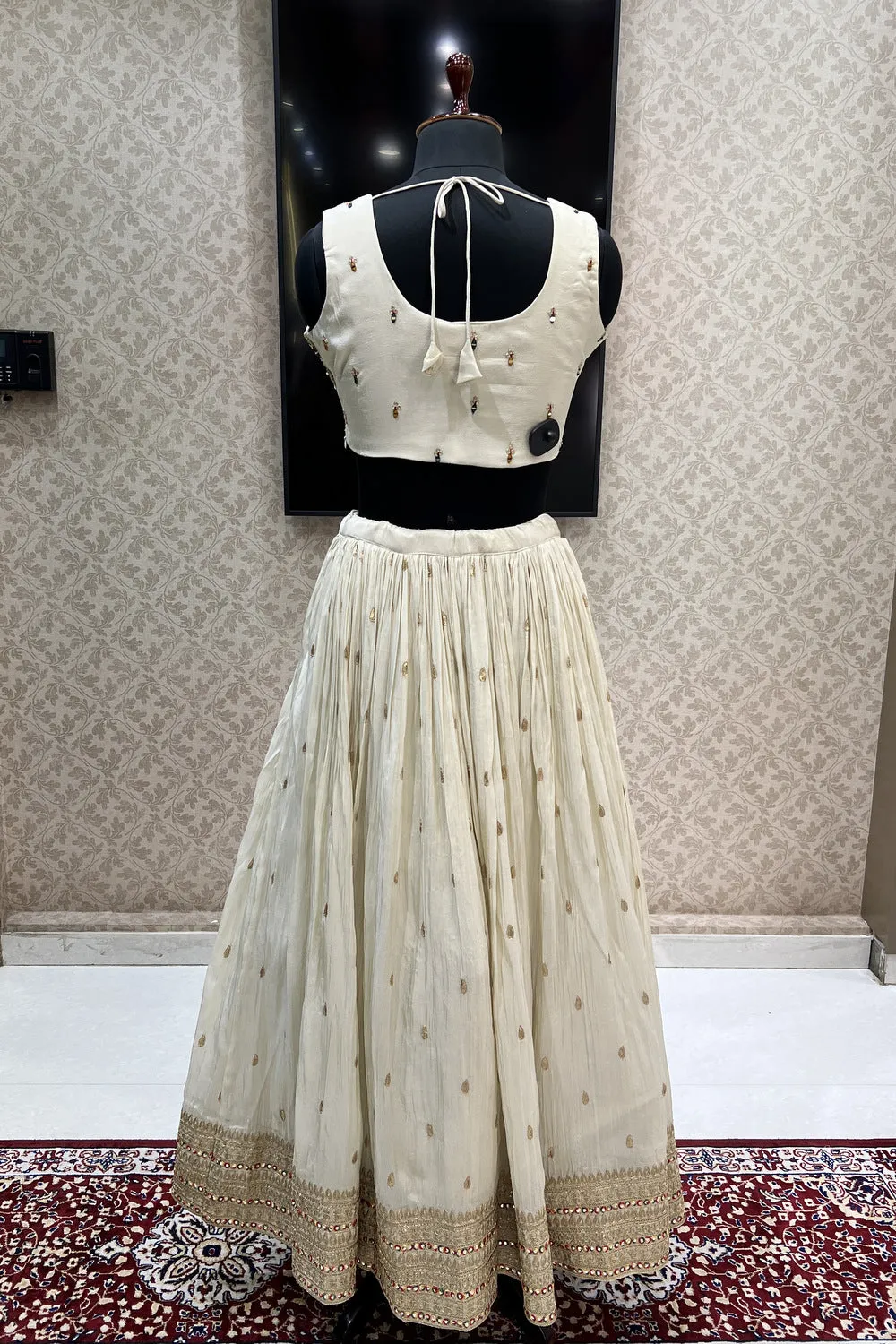 Cream Multicolor Thread, Sequins, Mirror and Beads work Crop Top Lehenga