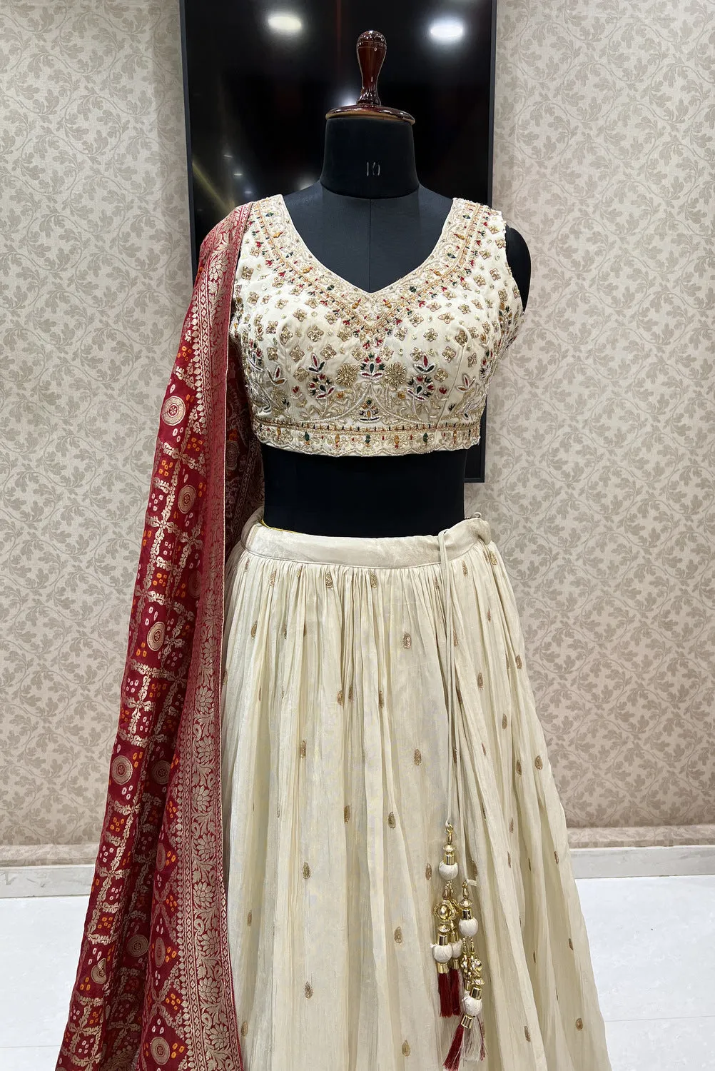 Cream Multicolor Thread, Sequins, Mirror and Beads work Crop Top Lehenga