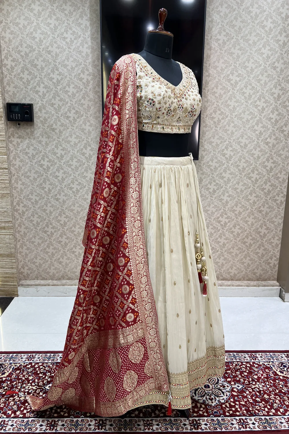 Cream Multicolor Thread, Sequins, Mirror and Beads work Crop Top Lehenga