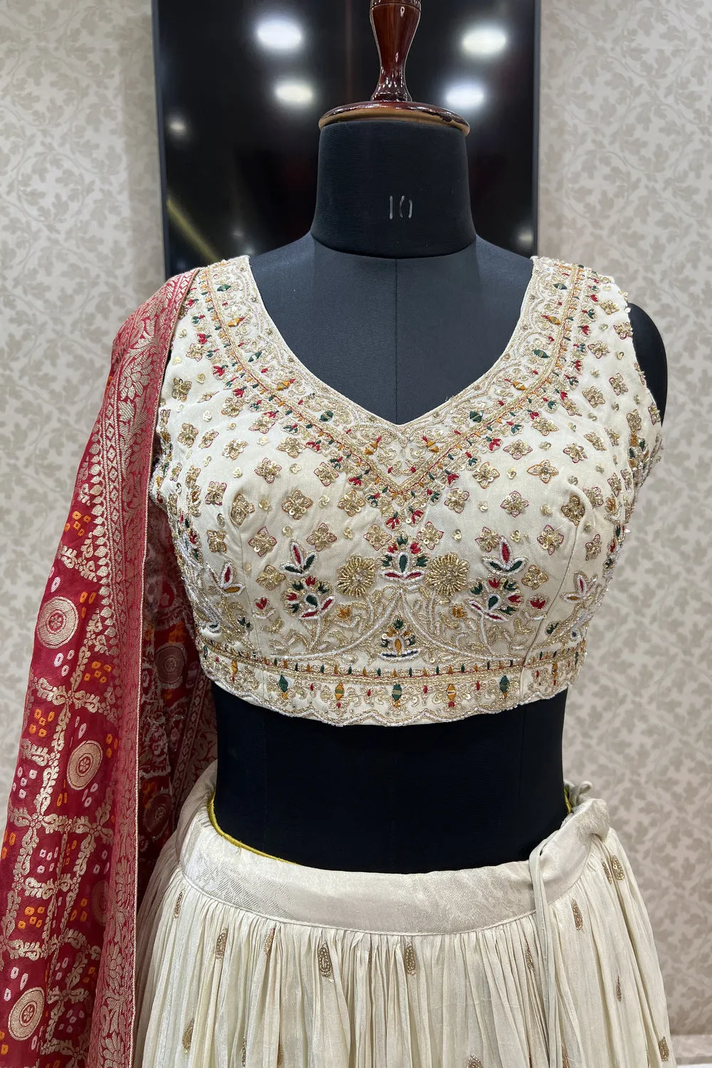 Cream Multicolor Thread, Sequins, Mirror and Beads work Crop Top Lehenga