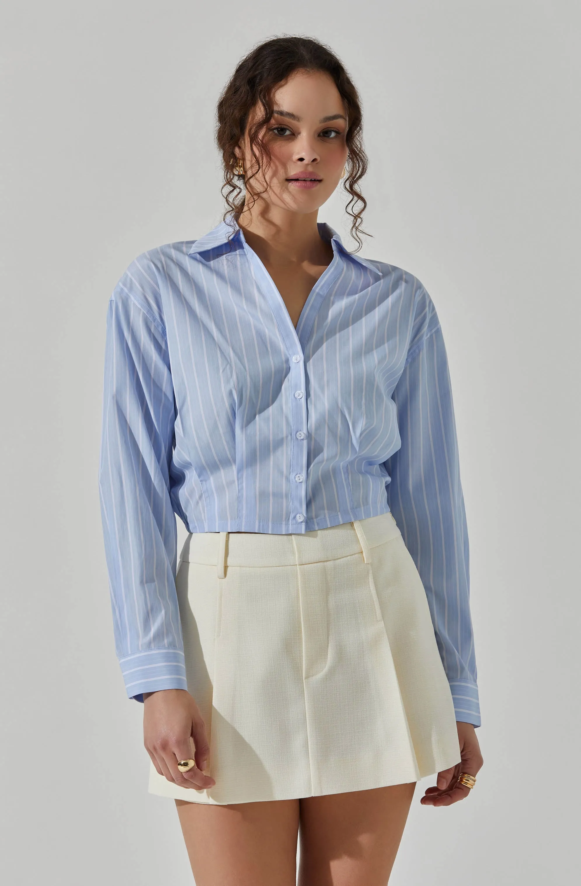 Cropped Pinstripe Collared Top