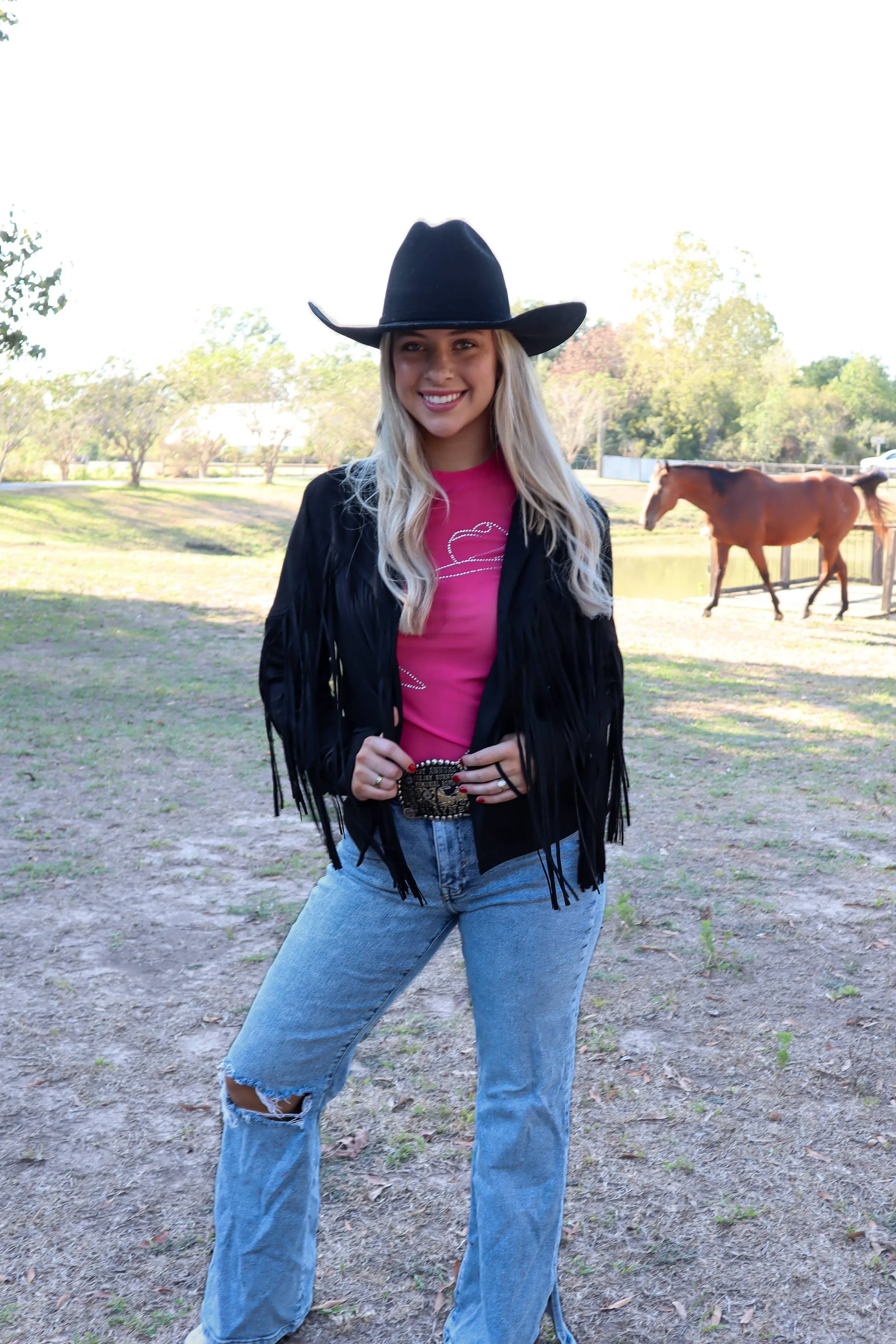 Deluxe Rhinestone Fringe Vegan Suede Jacket in Black - Bourbon Cowgirl