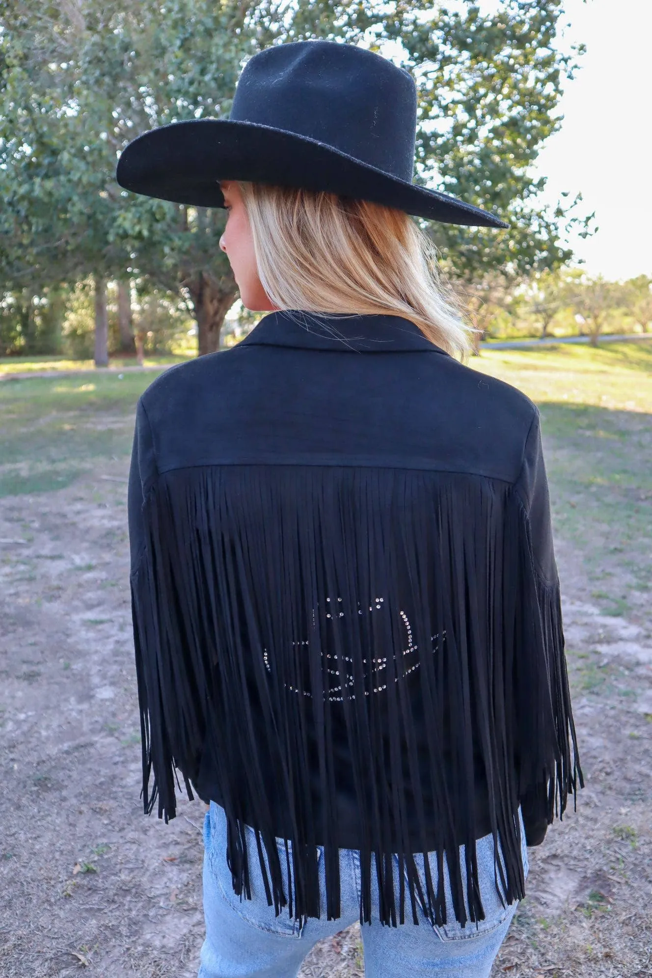 Deluxe Rhinestone Fringe Vegan Suede Jacket in Black - Bourbon Cowgirl