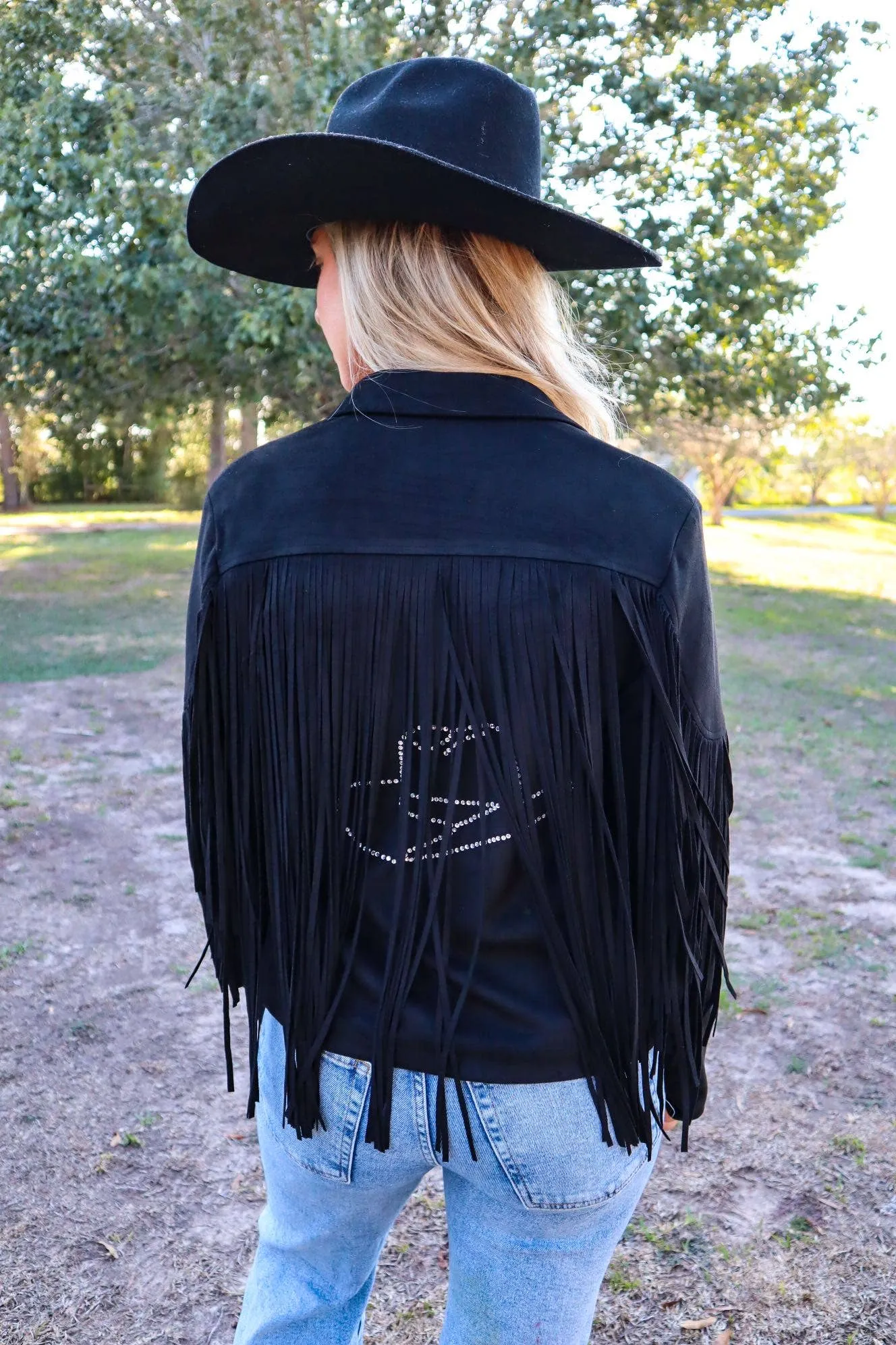 Deluxe Rhinestone Fringe Vegan Suede Jacket in Black - Bourbon Cowgirl