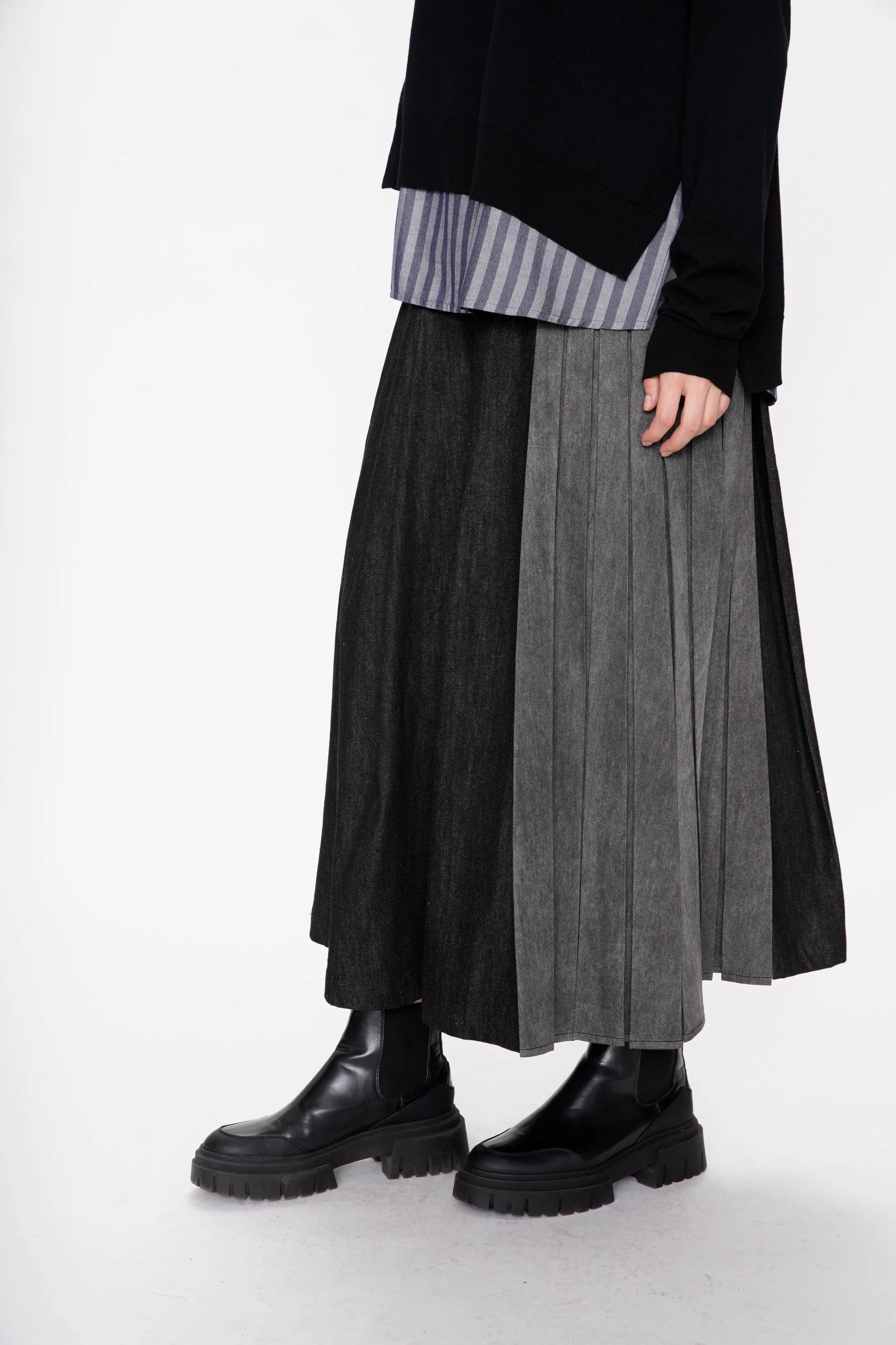 Denim Mix Pleated Maxi Skirt