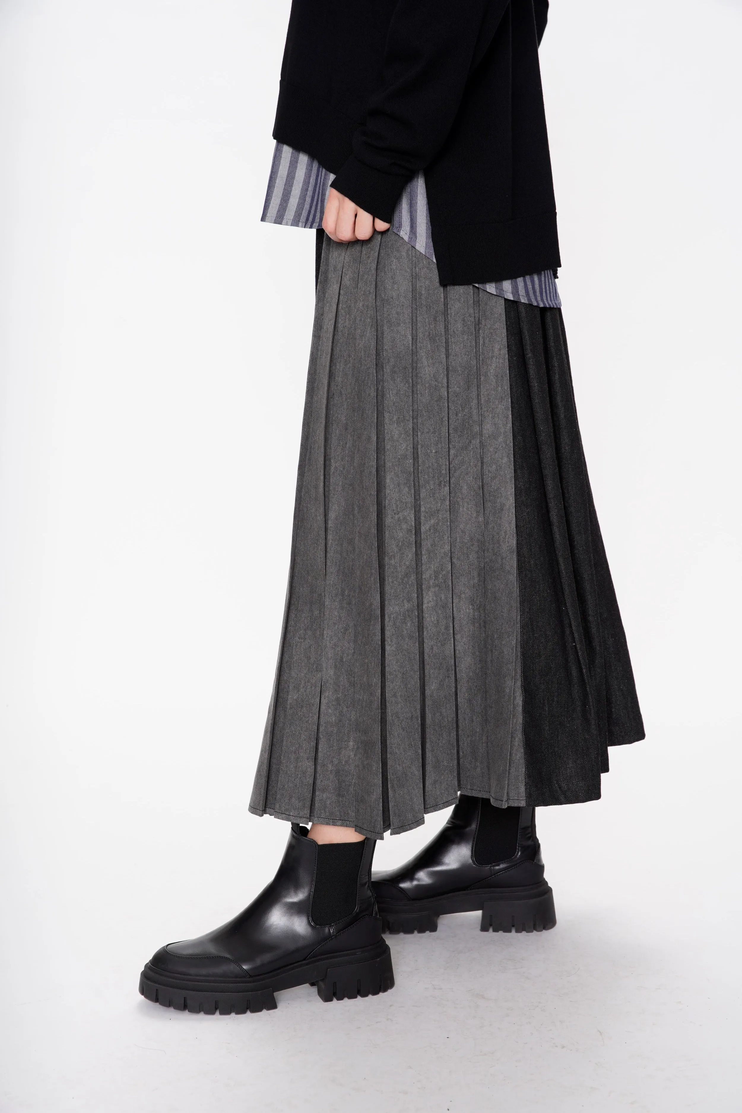 Denim Mix Pleated Maxi Skirt