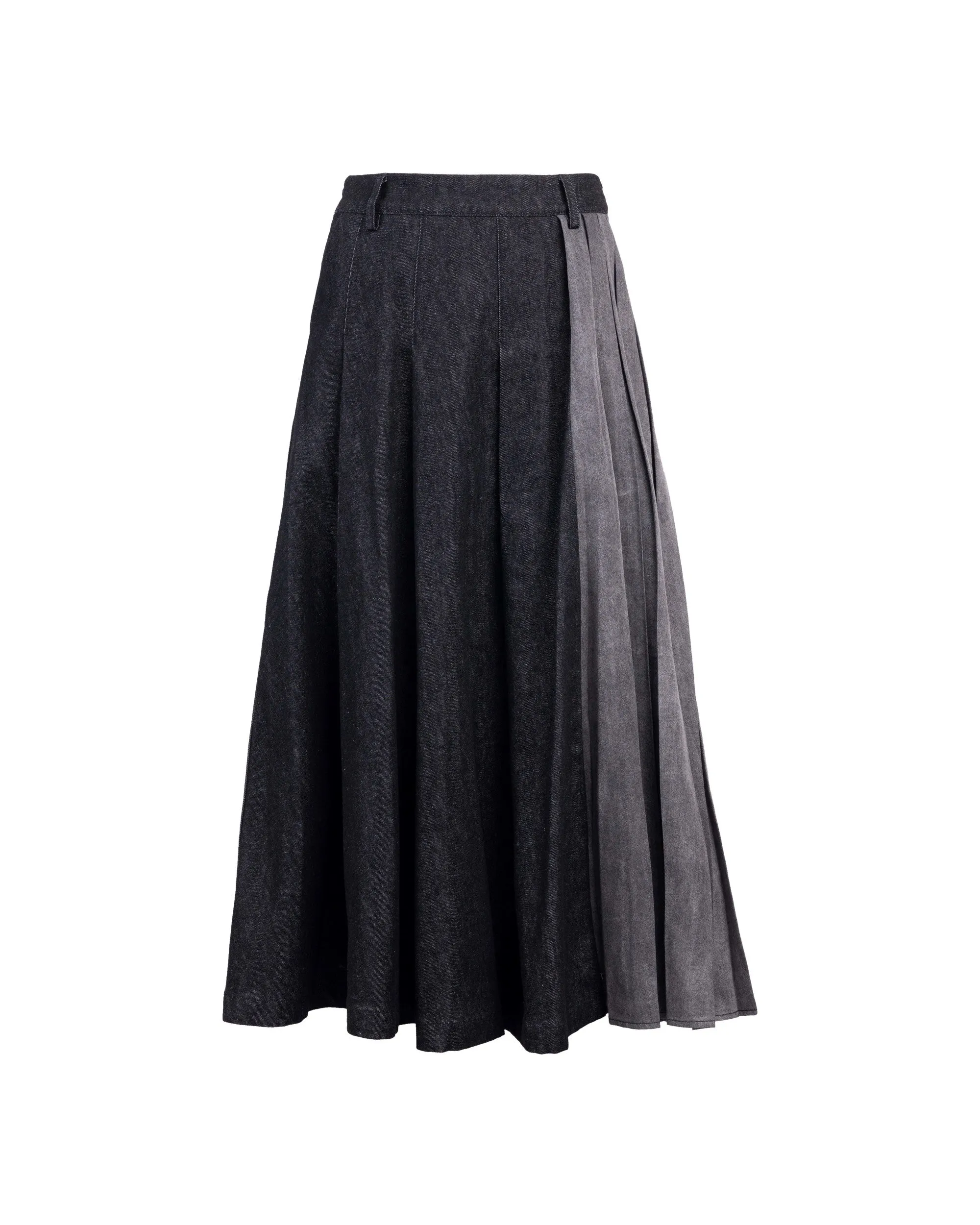 Denim Mix Pleated Maxi Skirt