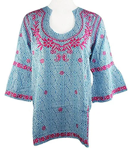 Escapada Living Montreux Tunic with Rounded Sweetheart Collar & Pink Embroidery