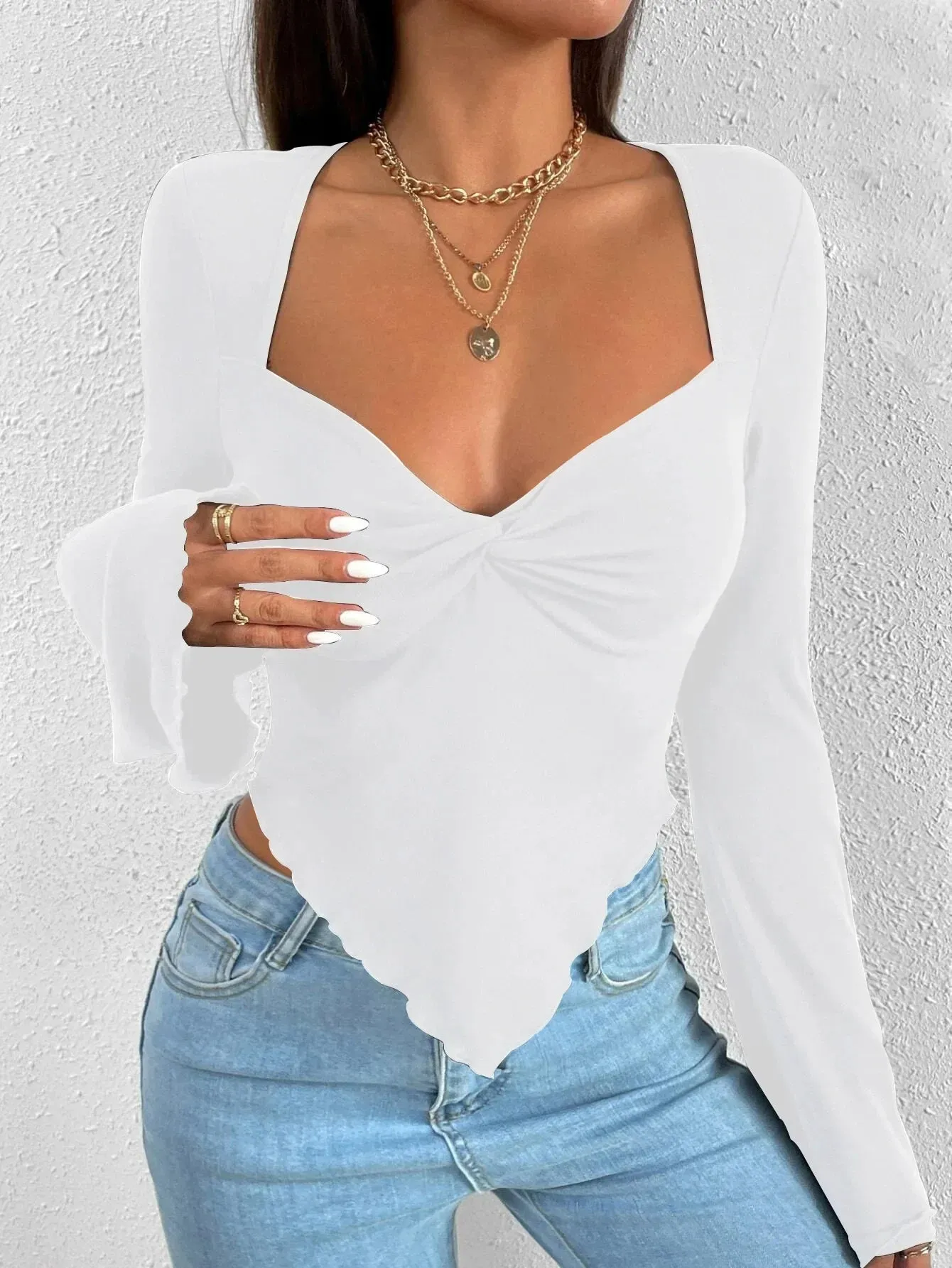 Fashion Summer Flare Long Sleeve V-neck Irregular Hem Crop Streetwear Top Women's White Slim Corset T-shirt