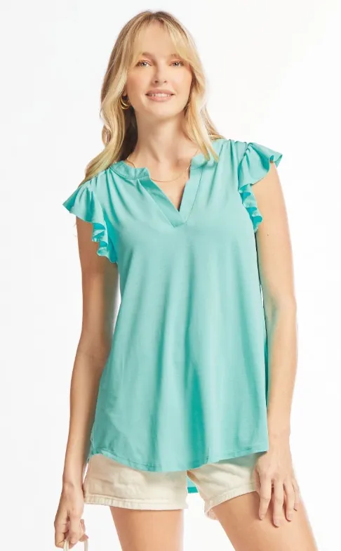 Figure It Out Ruffle Sleeve Top - Neon Blue