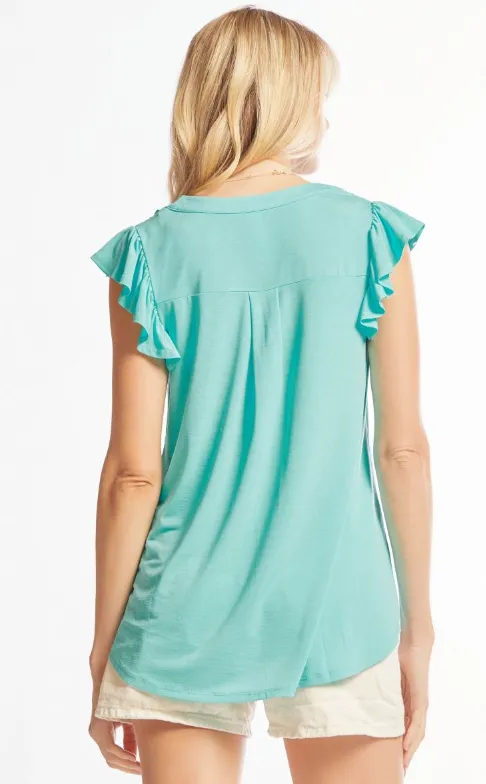 Figure It Out Ruffle Sleeve Top - Neon Blue