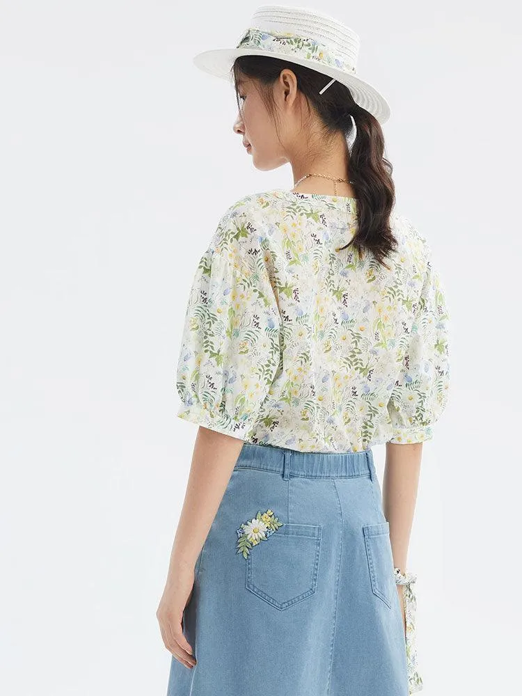 Floral V-Neck Crop Shirt