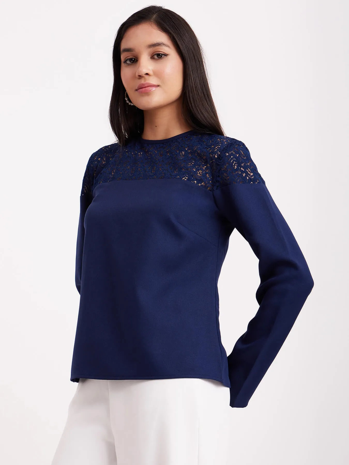 Full Sleeves Lace Top - Navy Blue