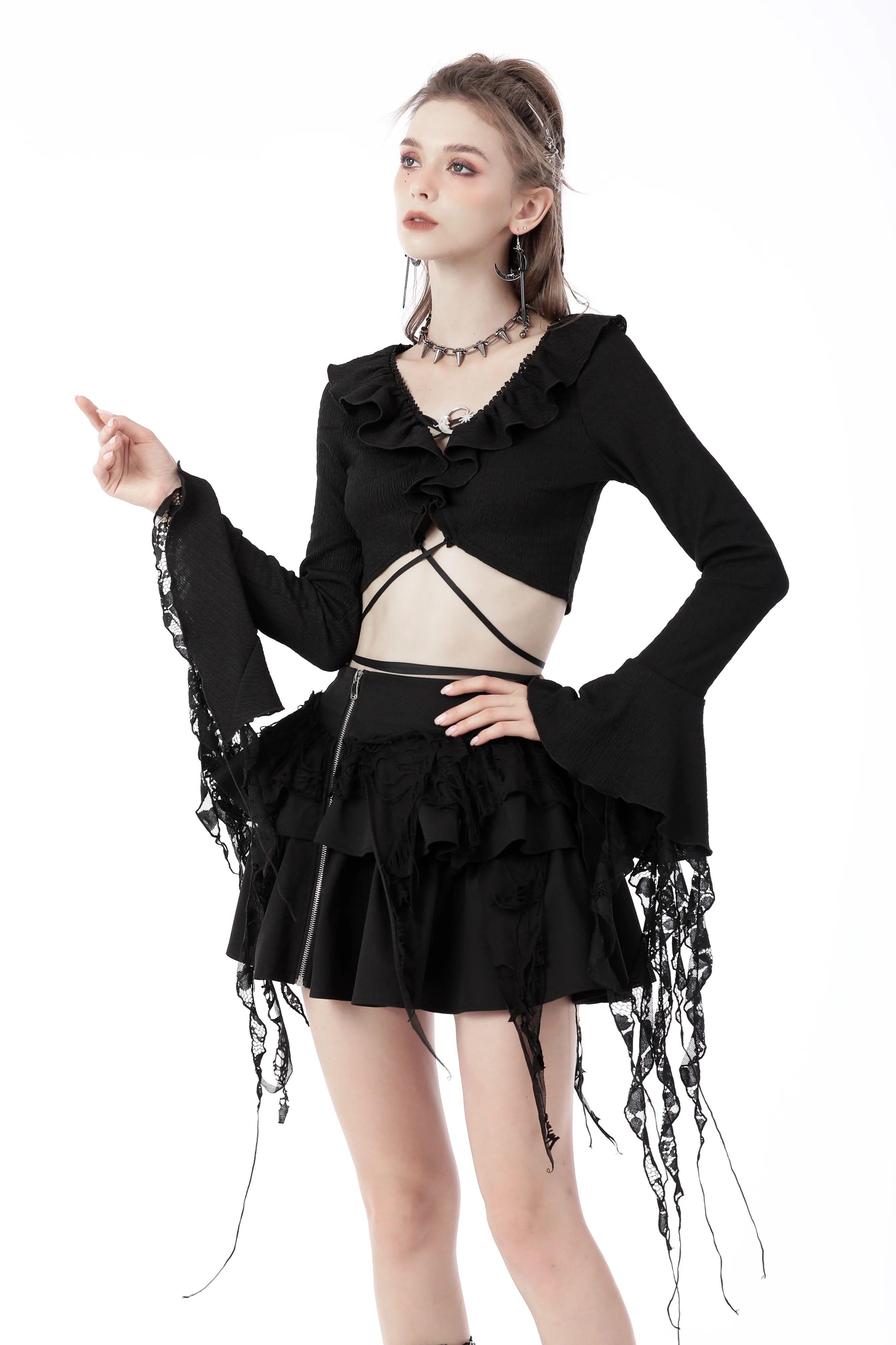 Gothic witch ripped sleeves ruffle neck crop top TW434