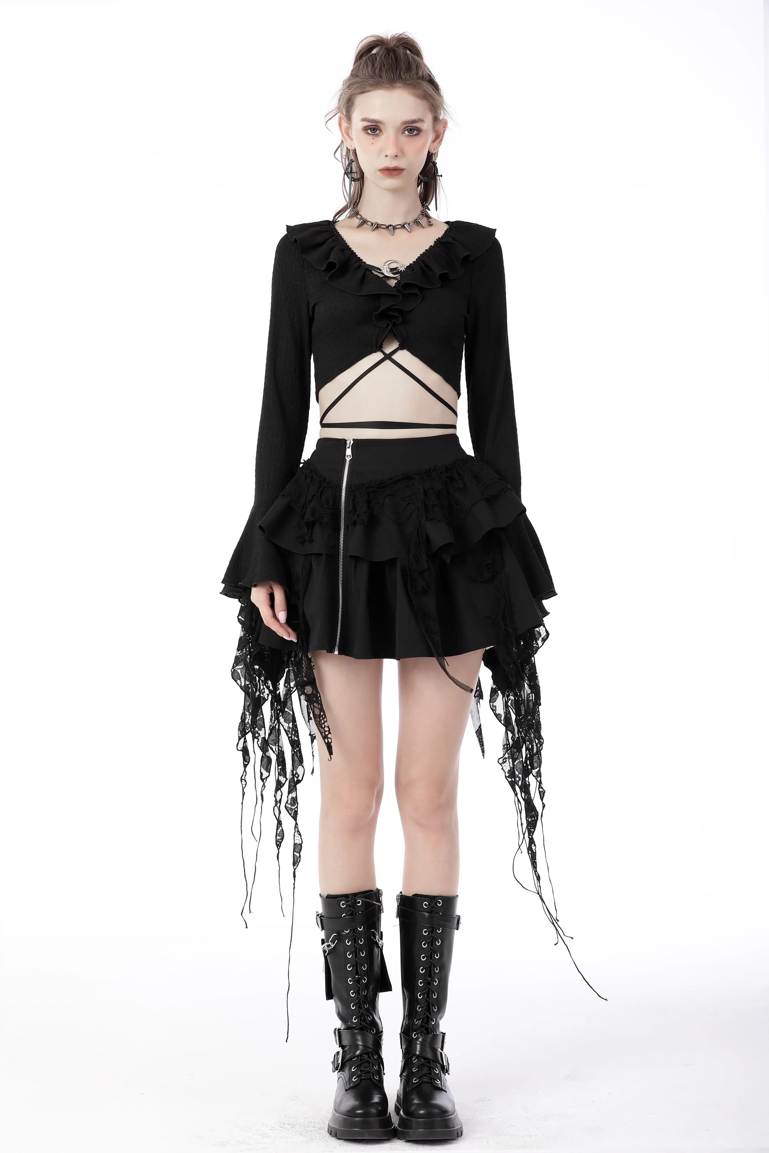 Gothic witch ripped sleeves ruffle neck crop top TW434