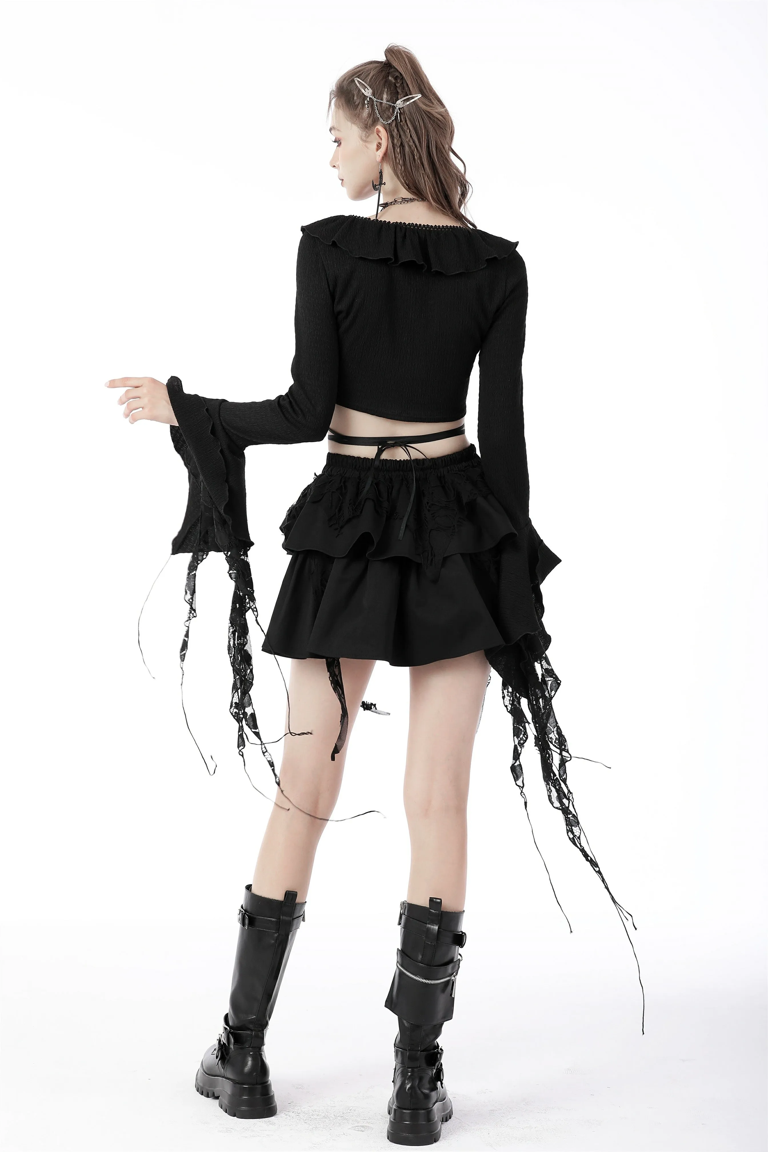 Gothic witch ripped sleeves ruffle neck crop top TW434