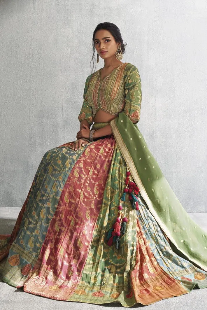 Green Banaras, Sequins, Beads and Zardozi work with Multicolor Crop Top Lehenga