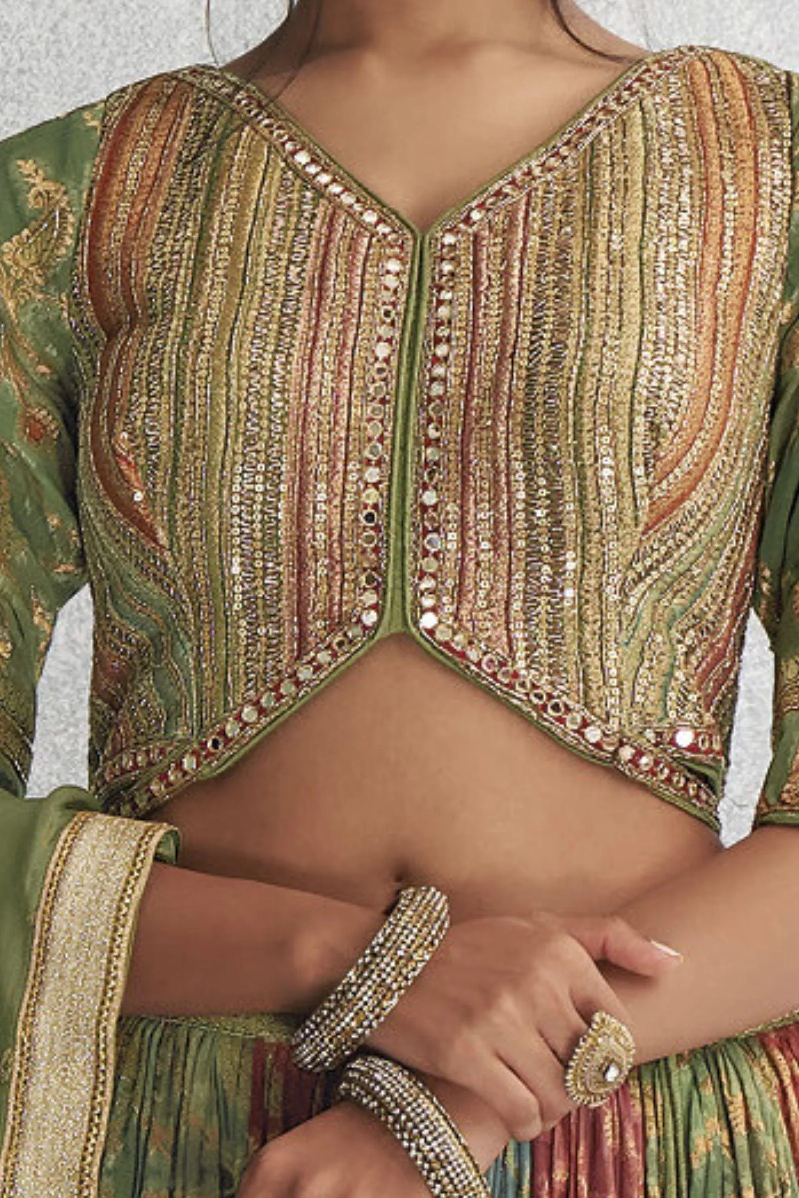 Green Banaras, Sequins, Beads and Zardozi work with Multicolor Crop Top Lehenga