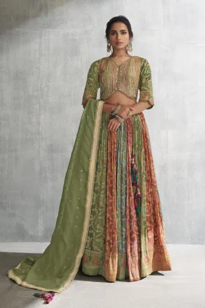 Green Banaras, Sequins, Beads and Zardozi work with Multicolor Crop Top Lehenga