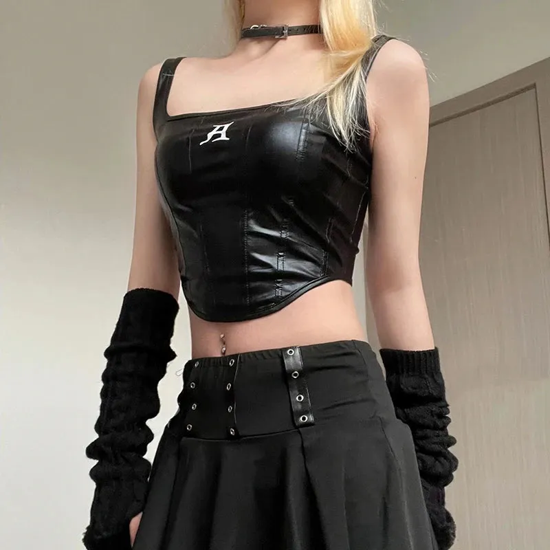 Grunge Faux Leather Crop Corset Top