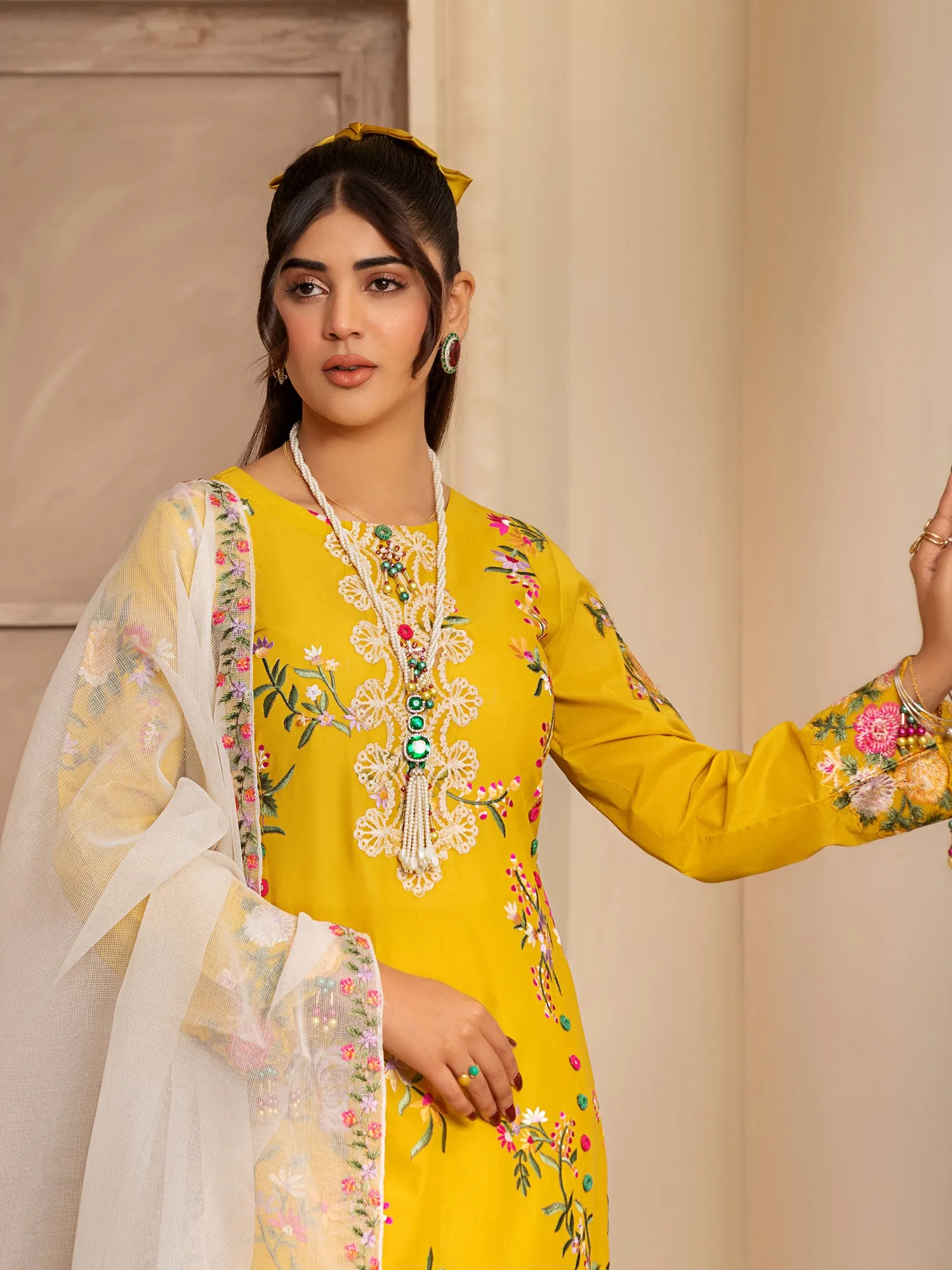 Heera's Mustard Embroidered Cambric Cotton 3-Piece Suit