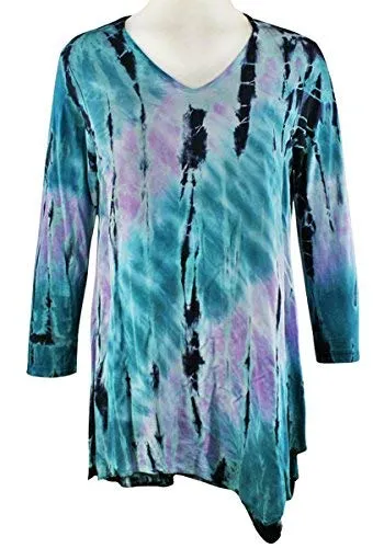 Impulse California Teal & Purple Tie Dye Asymmetric Hem V-Neck 3/4 Sleeve Tunic