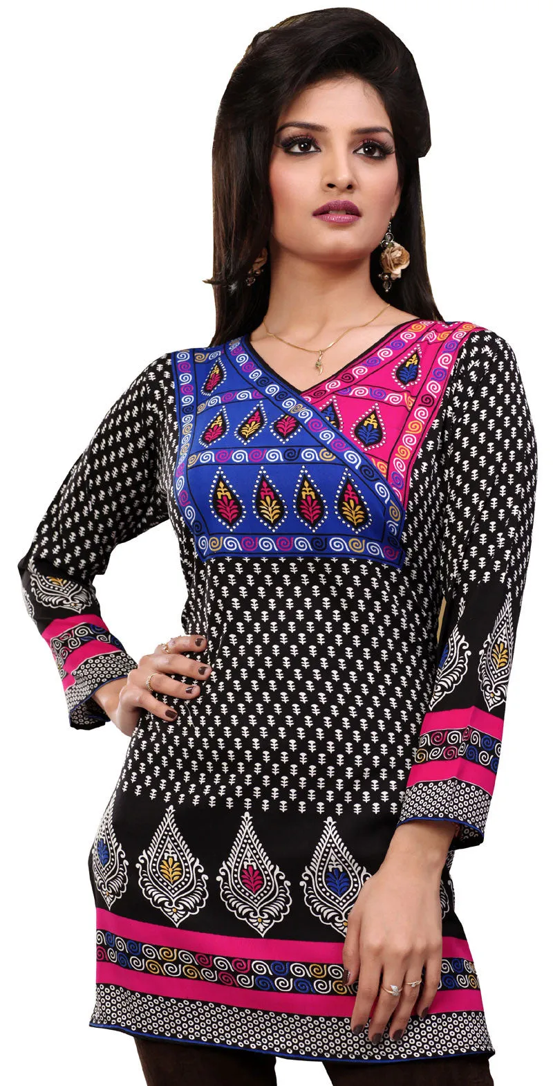 India Tunic Top Kurti Womens Printed Blouse Indian Apparel (Black)