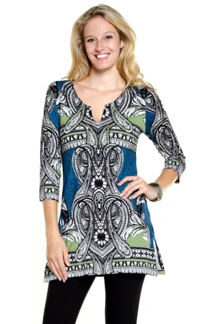 Joyous & Free - Blue Border, 3/4 Sleeve Tunic Mini Dress Split V-Neck Collar