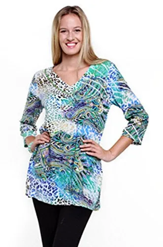 Joyous & Free - DaVinci, 3/4 Sleeve Tunic Mini Dress with V-Neck Collar