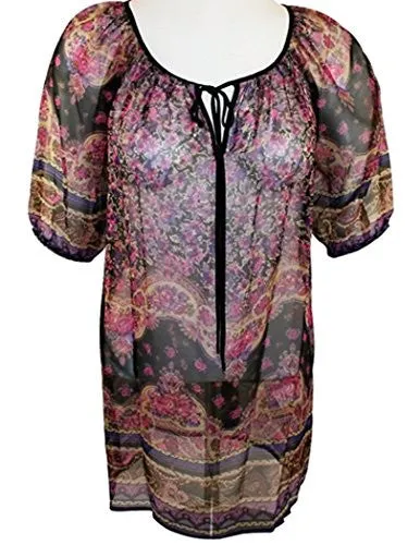 Karen Kane - Magenta Mix, Victorian Border Print, Half Sleeve, Chiffon Top