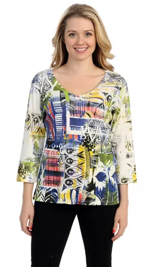 Katina Marie Spring Collage, 3/4 Sleeve, V-Neck Geometric Print Fashion Top