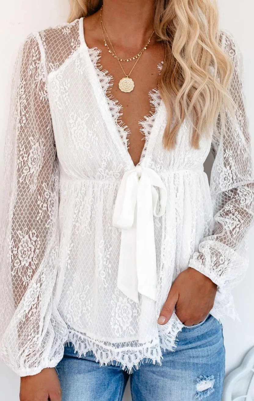 Lace Detail Plunge Long Sleeve Blouse