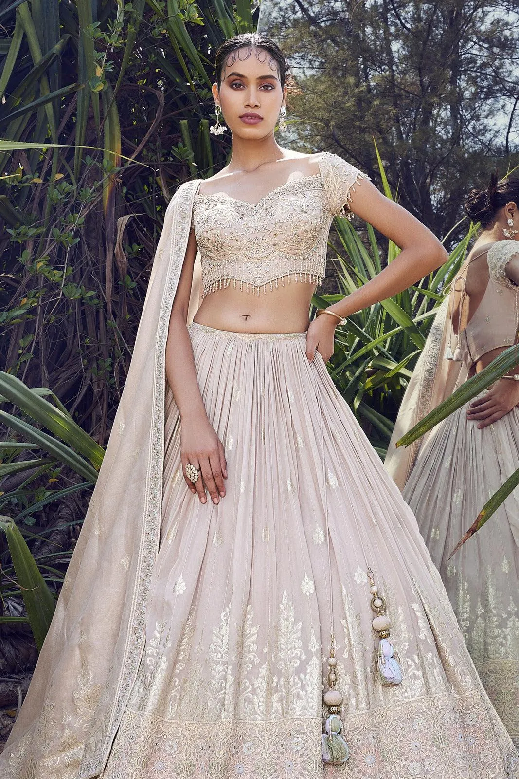 Light Onion Beads, Stone, Zardozi, Thread, Zari and Embroidery work Crop Top Lehenga