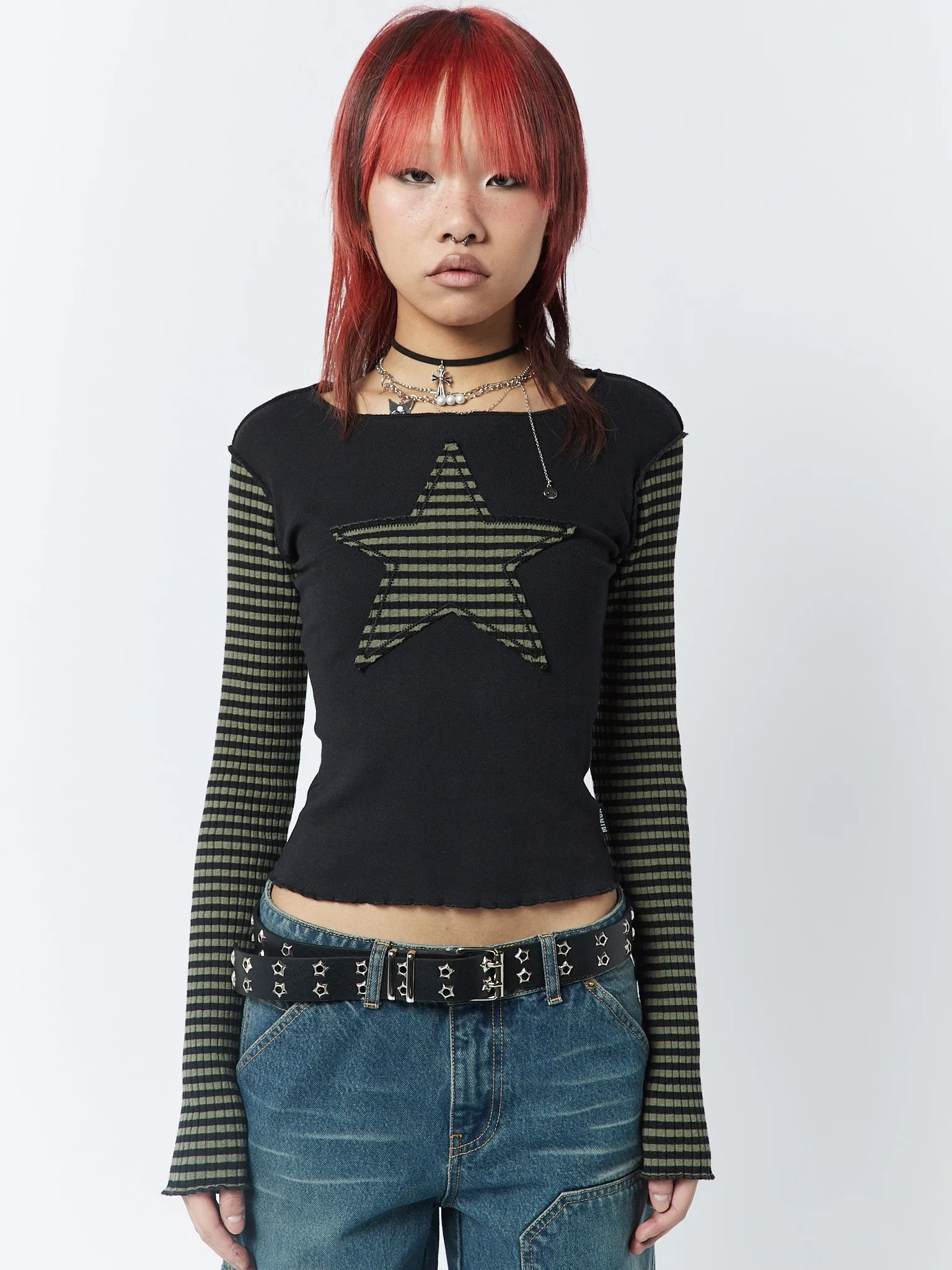 Lost Star Green Black Striped Long Sleeve Top