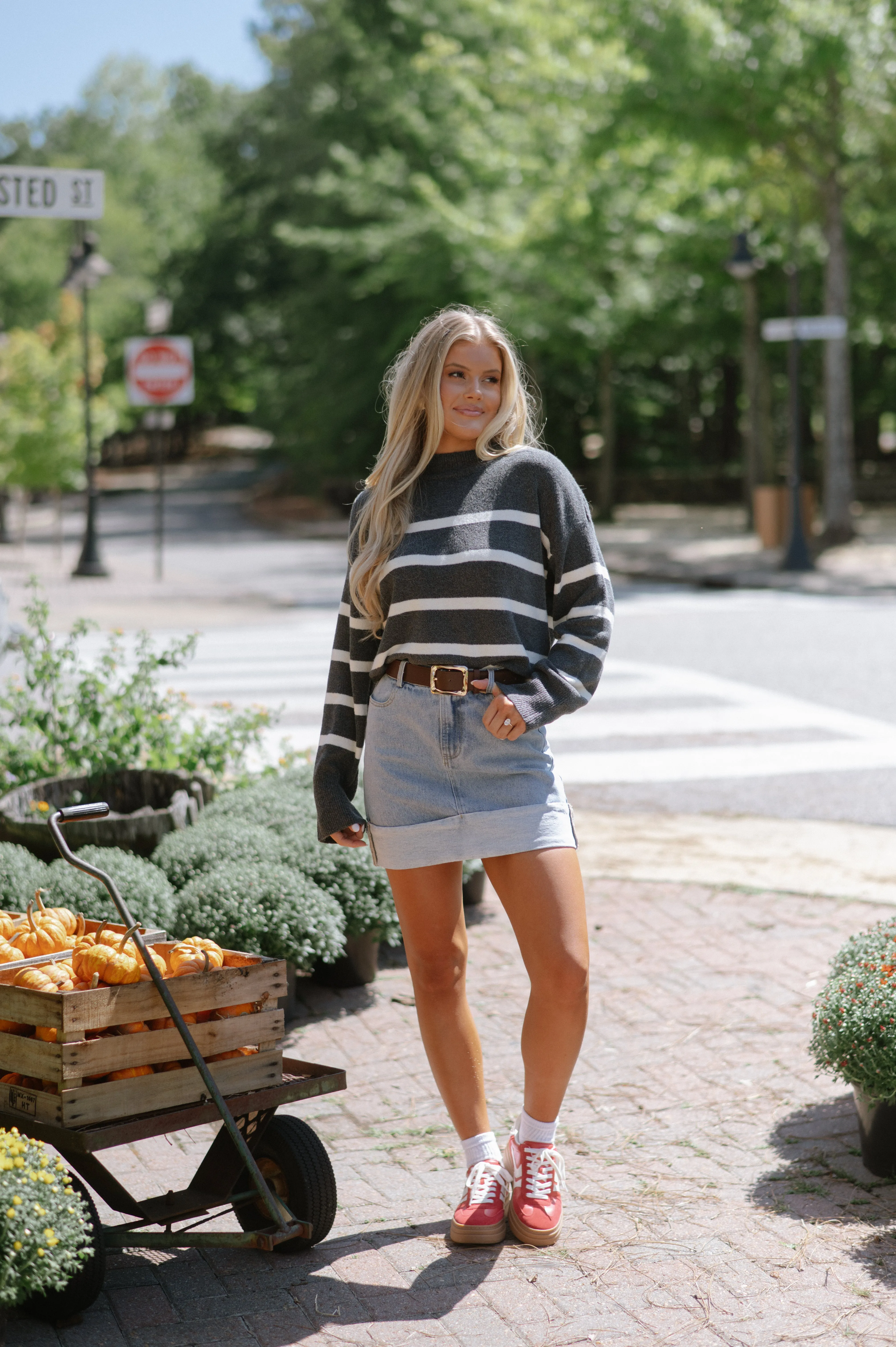 Lucy Striped Mock Neck Sweater-Charcoal