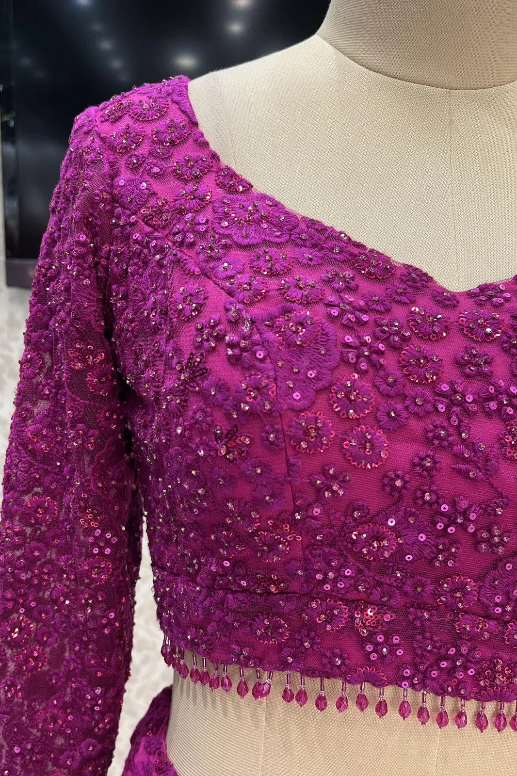 Magenta Embroidery, Sequins and Stone work Crop Top Lehenga