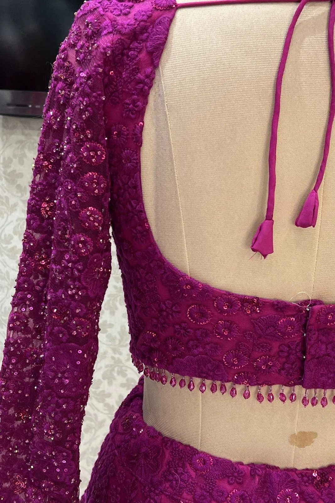 Magenta Embroidery, Sequins and Stone work Crop Top Lehenga