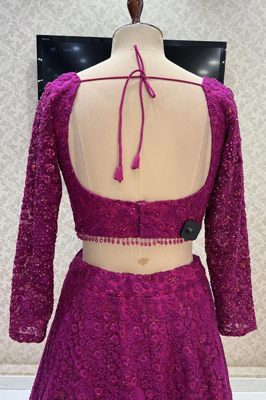 Magenta Embroidery, Sequins and Stone work Crop Top Lehenga